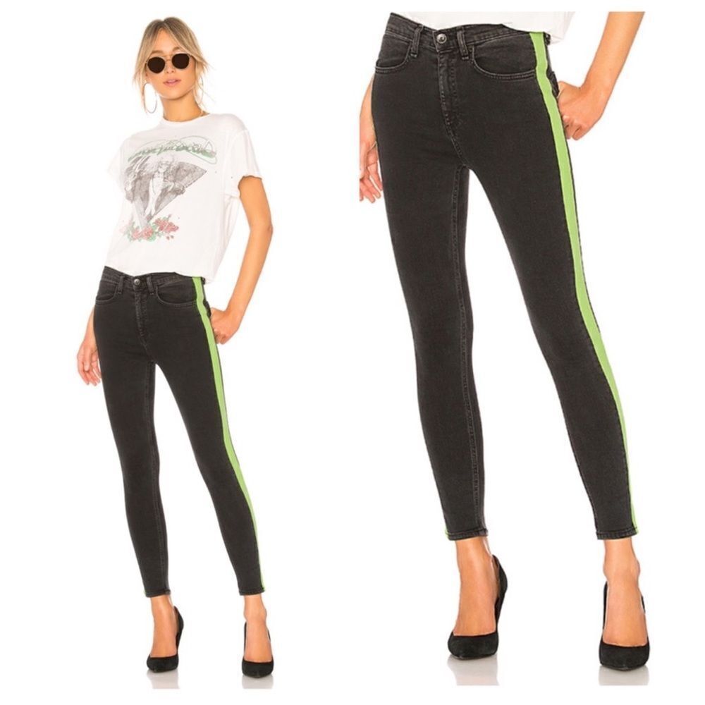 rag & bone Mazie High Waist Striped Skinny Jean in Black & Lime 30